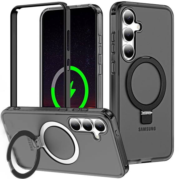 Magnetic Ring Stand for Samsung Galaxy S25 2 In 1 Case, 360° Full Body Protection Built-in Screen Protector Hard Matte Clear Back Shockproof Bumper Cover for Samsung Galaxy S25 - Black