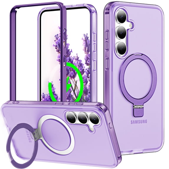 Magnetic Ring Stand for Samsung Galaxy S25 Plus 2 In 1 Case, 360° Full Body Protection Built-in Screen Protector Hard Matte Clear Back Shockproof Bumper Cover for Samsung Galaxy S25 Plus - Purple