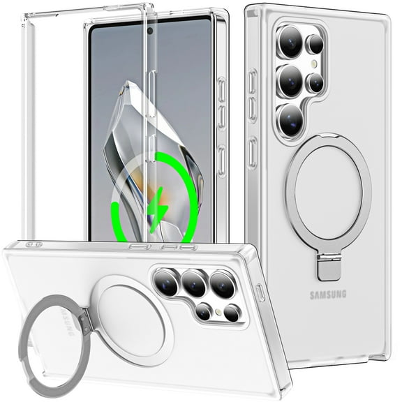 Magnetic Ring Stand for Samsung Galaxy S25 Ultra 2 In 1 Case, 360° Full Body Protection Built-in Screen Protector Hard Matte Clear Back Shockproof Bumper Cover for Samsung Galaxy S25 Ultra - Clear