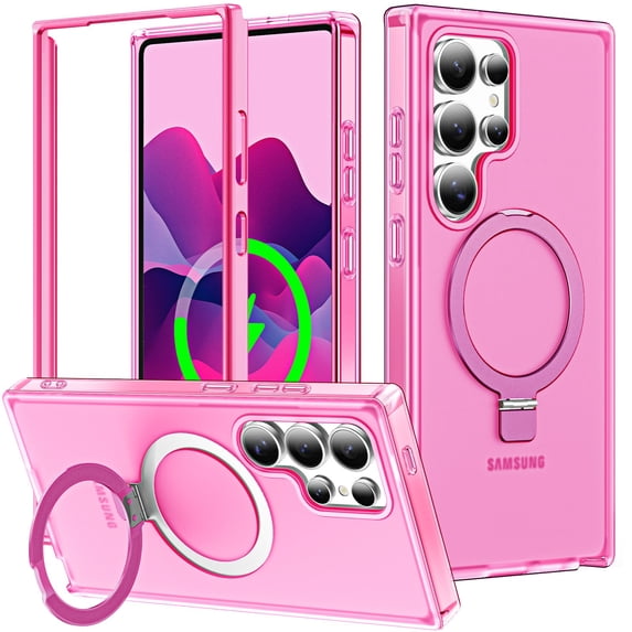 Magnetic Ring Stand for Samsung Galaxy S25 Ultra 2 In 1 Case, 360° Full Body Protection Built-in Screen Protector Hard Matte Clear Back Shockproof Bumper Cover for Samsung Galaxy S25 Ultra - Rose