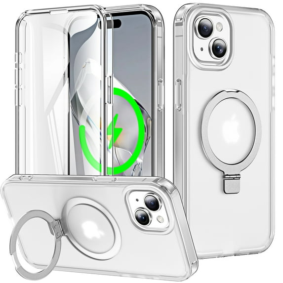Magnetic Ring Stand for iPhone 15 2 In 1 Case, 360° Full Body Protection Built-in Screen Protector Hard Matte Clear Back Shockproof Bumper Cover for iPhone 15 - Clear