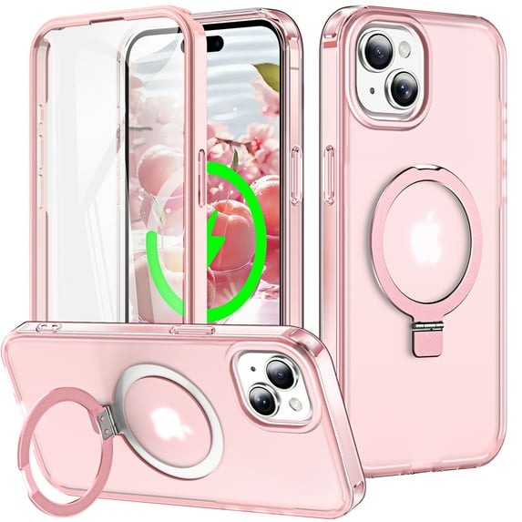 Magnetic Ring Stand for iPhone 15 Plus 2 In 1 Case, 360° Full Body Protection Built-in Screen Protector Hard Matte Clear Back Shockproof Bumper Cover for iPhone 15 Plus - Pink