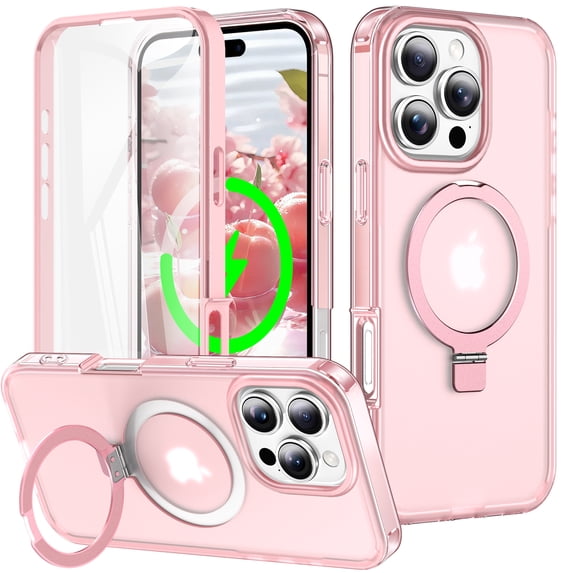 Magnetic Ring Stand for iPhone 15 Pro 2 In 1 Case, 360° Full Body Protection Built-in Screen Protector Hard Matte Clear Back Shockproof Bumper Cover for iPhone 15 Pro - Pink