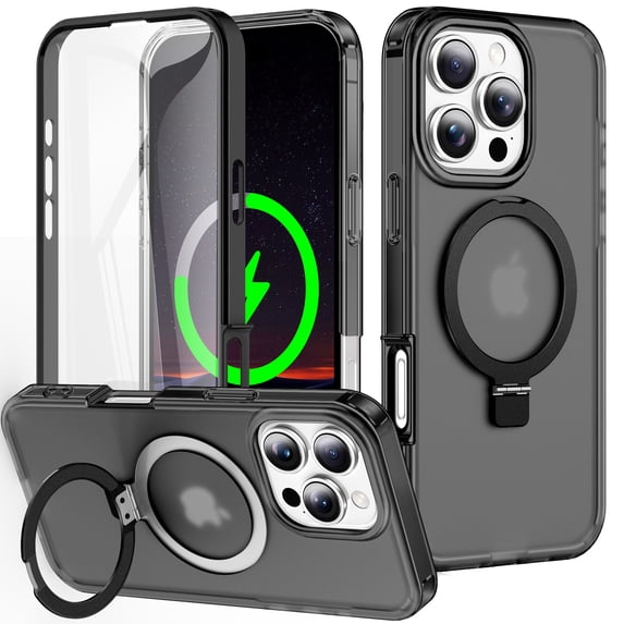Magnetic Ring Stand for iPhone 15 Pro 2 In 1 Case, 360° Full Body Protection Built-in Screen Protector Hard Matte Clear Back Shockproof Bumper Cover for iPhone 15 Pro - Black