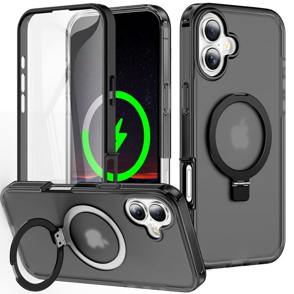 Magnetic Ring Stand for iPhone 16 2 In 1 Case, 360° Full Body Protection Built-in Screen Protector Hard Matte Clear Back Shockproof Bumper Cover for iPhone 16 - Black