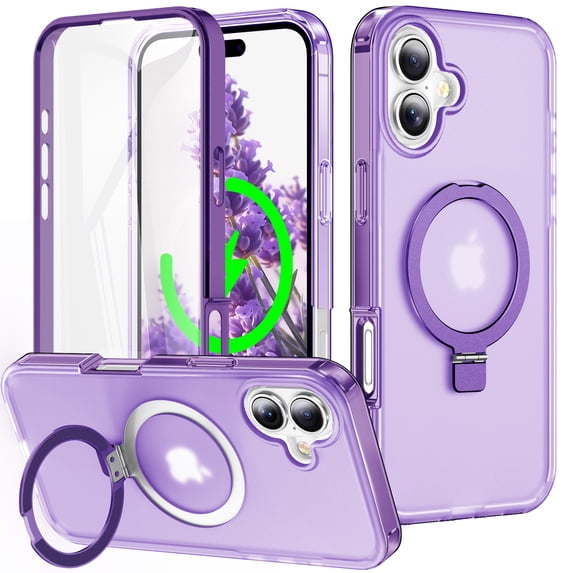 Magnetic Ring Stand for iPhone 16 2 In 1 Case, 360° Full Body Protection Built-in Screen Protector Hard Matte Clear Back Shockproof Bumper Cover for iPhone 16 - Purple