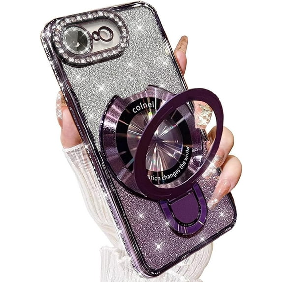 Magnetic Ring Stand for iPhone 16e Case with Built-in Glass Camera Protector, (Compatible with Magsafe) Women Girly Clear Bling Rhinestones Slim Phone Case for iPhone 16E 2025 6.1'' (Purple)