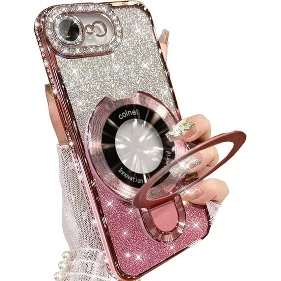 Magnetic Ring Stand for iPhone 16e Case with Built-in Glass Camera Protector, (Compatible with Magsafe) Women Girly Clear Bling Rhinestones Slim Phone Case for iPhone 16E 2025 6.1'' (Pink)
