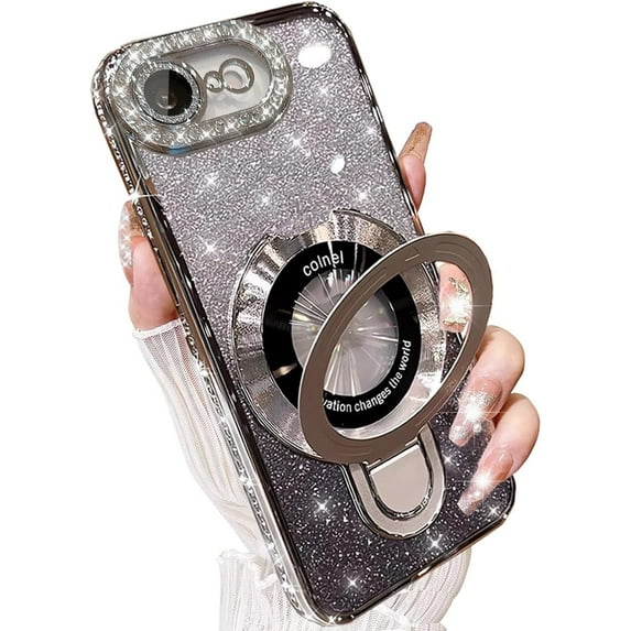 Magnetic Ring Stand for iPhone 16e Case with Built-in Glass Camera Protector, (Compatible with Magsafe) Women Girly Clear Bling Rhinestones Slim Phone Case for iPhone 16E 2025 6.1'' (Silver)