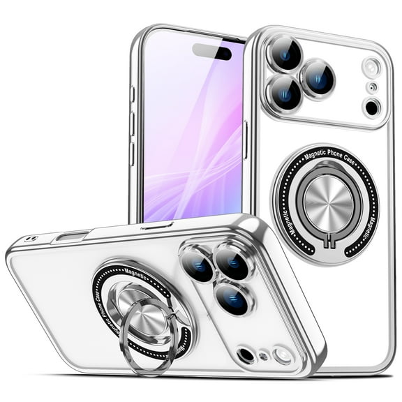 Magnetic Ring for iPhone 15 Hybrid Plating Clear Case Kickstand,[Compatible with Magsafe][Built-in Camera Lens Protector] Shockproof Phone Case for iPhone 15,Silver
