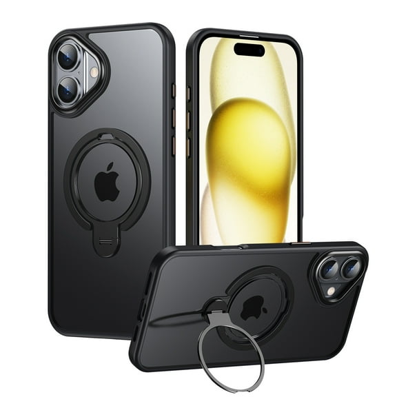 Magnetic Ring for iPhone 16 Case with Kickstand, Double Ring Cover MagSafe Compatible, Shockproof Military Grade Drop Protection Slim Transparent Matte Cover for iPhone 16, Black