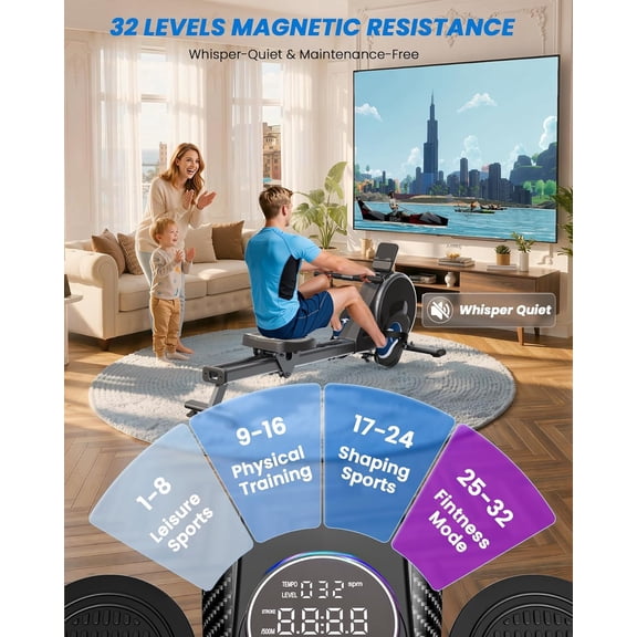 Magnetic Rower , -Quiet Indoor Rowing with 32-Level Tension, Space-Saving Foldable Design for Home Gym Cardio Exercise