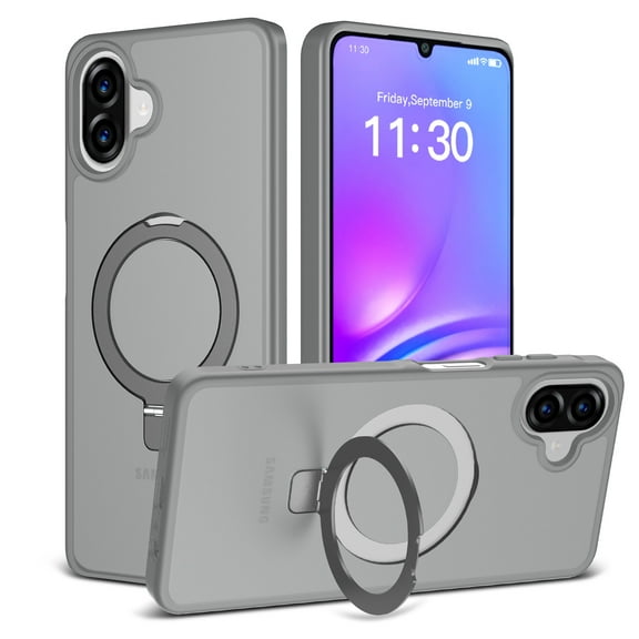 Magnetic for Samsung Galaxy A06 Case, Shock-Absorbent Anti-Fingerprint Matte Protective Back Cover with Ring Kickstand, Anti-Scratch PC+TPU Non-Slip Slim Wireless Charging Case, Gray