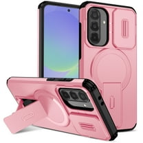 Magnetic For Samsung Galaxy A16 5G Phone Case,With Contractile Kickstand,Camera Cover,Compatible with Mag-Safe,Heavy Duty Shockproof Protection Anti-fall Anti-Scratch Rugged Phone Case,Pink