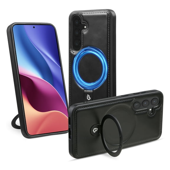 Magnetic for Samsung Galaxy A25 5G Case with MagSafe Compatible & Ring Holder Stand, Luxury PU Leather Slim Shockproof Cover Support Wireless Charging Kickstand Phone Case for Galaxy A25 5G, Black