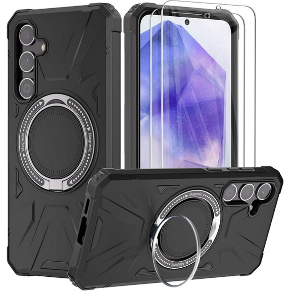 Magnetic for Samsung Galaxy A55 5G Case with Stand with 2 Pack Screen Protector [Compatible with Magsafe] Military Grade Shockproof Rugged Phone Cover with 360° Rotate Kickstand for A55 5G