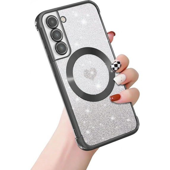 Magnetic for Samsung Galaxy S21 Case,Clear Slim Love Heart Pattern Cute Luxury Glitter Shiny Sparkle Samsung S21 Phone Case,Soft Shockproof Samsung S21 Case Compatible with MagSafe,Black