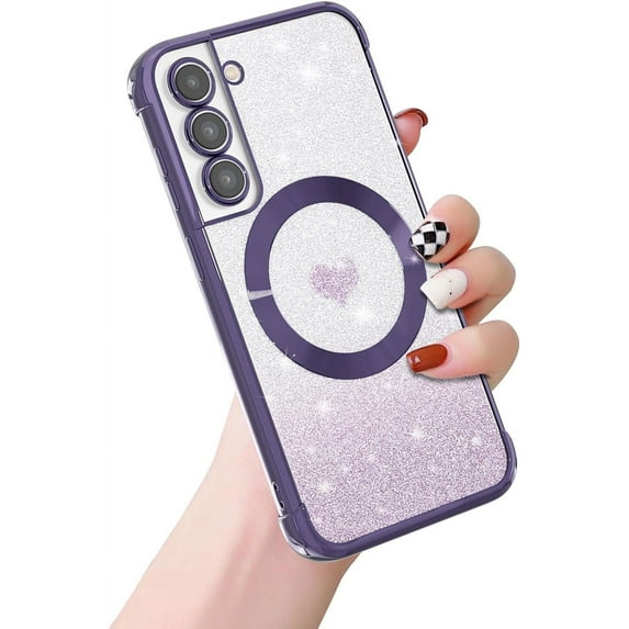Magnetic for Samsung Galaxy S21 Case,Clear Slim Love Heart Pattern Cute Luxury Glitter Shiny Sparkle Samsung S21 Phone Case,Soft Shockproof Samsung S21 Case Compatible with MagSafe,Purple