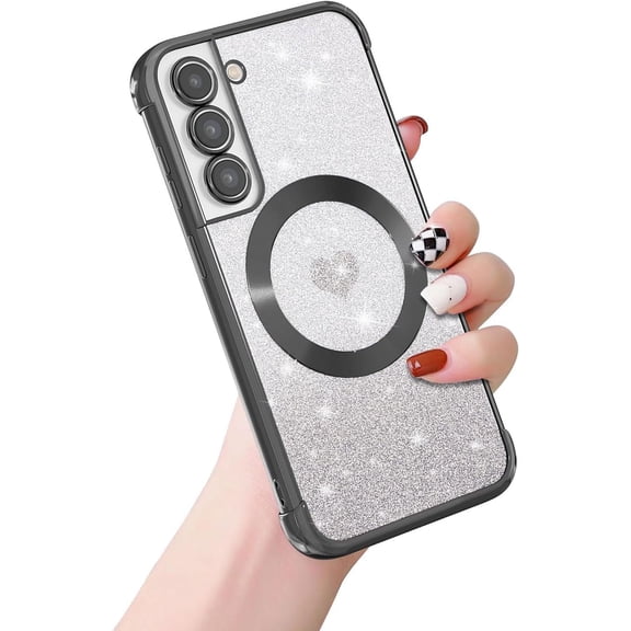 Magnetic for Samsung Galaxy S21 FE Case,Clear Slim Love Heart Pattern Cute Luxury Glitter Shiny Sparkle Samsung S21 FE Phone Case,Soft Shockproof S21 FE Case Compatible with MagSafe,Black
