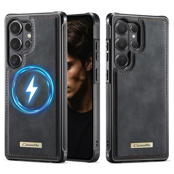 Magnetic For Samsung Galaxy S21 Ultra Phone Case,Anti-Scratch Retro PU Leather Back,Enhanced Corner Protection,Compatible with Mag-Safe,Ultra Slim Shockproof Non-Slip Thin Fit Phone Case,Black