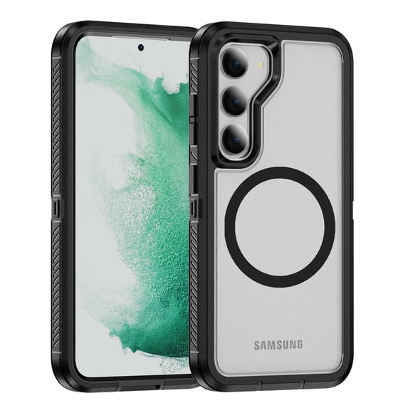 Magnetic for Samsung Galaxy S22 Case,Compatible with MagSafe,Military Grade Dropproof Translucent Matte Hard Back Soft Edge Anti-Fingerprint Protective Case for Samsung Galaxy S22,Black+Clear