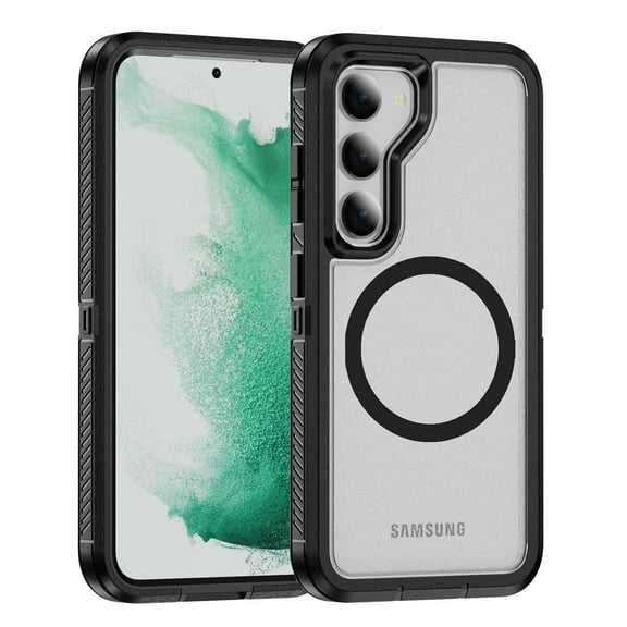 Magnetic for Samsung Galaxy S22 Case,Compatible with MagSafe,Military Grade Dropproof Translucent Matte Hard Back Soft Edge Anti-Fingerprint Protective Case for Samsung Galaxy S22,Black+Clear