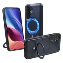 Magnetic for Samsung Galaxy S22 Case with MagSafe Compatible & Ring Holder Stand, Luxury PU Leather Slim Shockproof Cover Support Wireless Charging Kickstand Phone Case for Galaxy S22, Darkblue