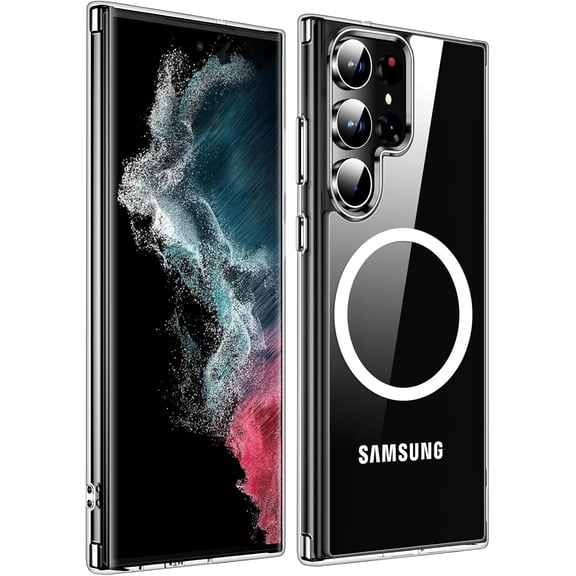 Magnetic for Samsung Galaxy S22 Ultra Case Compatible with Mag-Safe,[Anti-Yellowing] [12FT Mil-Grade Protection] with Hard Back & Soft Edge Slim Thin Shockproof Phone Case-Clear