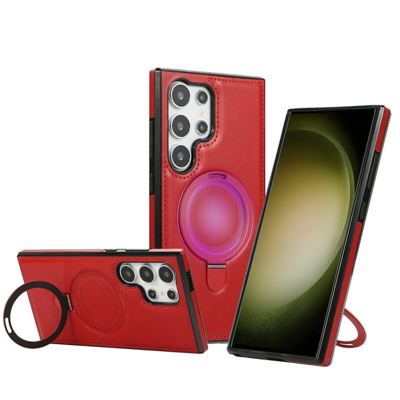 Magnetic for Samsung Galaxy S22 Ultra Vintage PU Leather Case, Business Invisible Stand [Compatible with Magsafe] Wireless Charging Ultra Slim Kickstand Phone Case Cover for S22 Ultra, Red