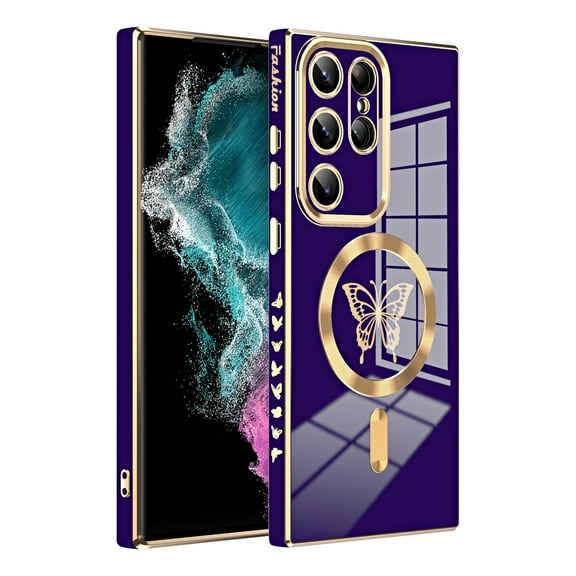 Magnetic for Samsung Galaxy S23 Case for Women Girls Cute, [Compatible with MagSafe] Luxury Butterfly Pattern Plating Anti-Scratch Shockproof Cover Phone Case for Samsung Galaxy S23, Purple