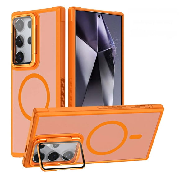 Magnetic for Samsung Galaxy S23 Ultra Case with Camera Cover Stand [Compatible with MagSafe] [Military-Grade Protection] Translucent Matte Slim Shockproof Phone Case Wireless Charging,Orange