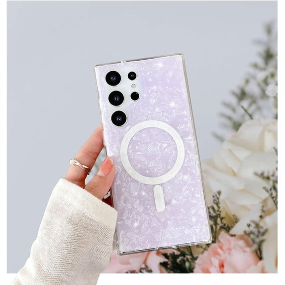 Magnetic for Samsung Galaxy S23 Ultra Case,Clear Luxury Sparkle Pearly Samsung S23 Ultra Phone Case for Girl Woman,Soft Frame Hard PC Glitter Sparkly Bling Protective S23 Ultra Case,Purple