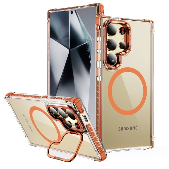 Magnetic for Samsung Galaxy S23 Ultra Case, Compatible with MagSafe, with Camera Lens Stand, Matte Skin Feeling Case, Military-Grade Drop Proof Transparent Slim Shockproof Phone Case Cover, Orange