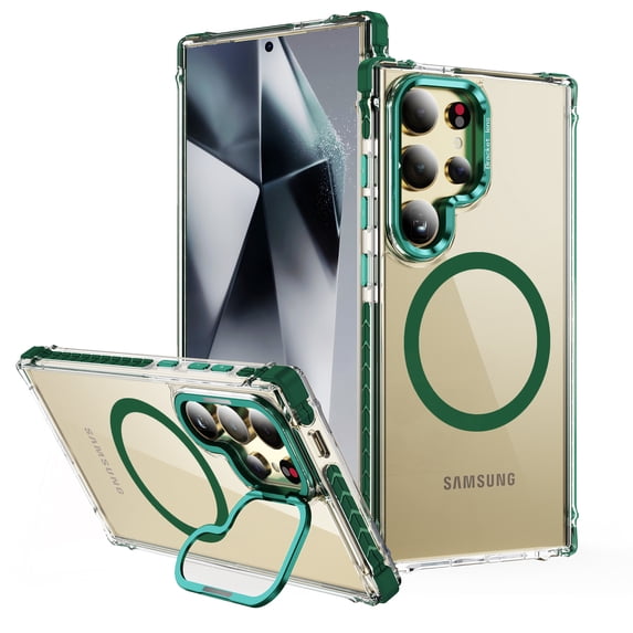 Magnetic for Samsung Galaxy S23 Ultra Case, Compatible with MagSafe, with Camera Lens Stand, Matte Skin Feeling Case, Military-Grade Drop Proof Transparent Slim Shockproof Phone Case Cover, Green