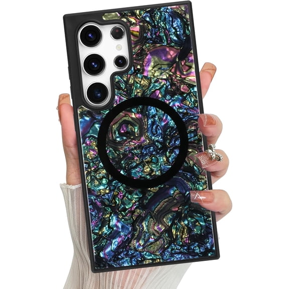 Magnetic for Samsung Galaxy S23 Ultra Case Glossy Abalone Pearl Shell Phone Case for Women Men, Compatible with Magsafe, Shockproof Protective Cover, Classic Black