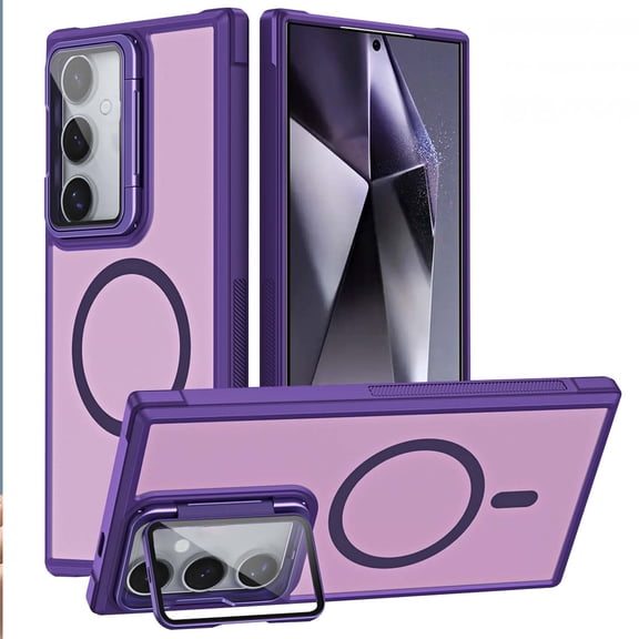 Magnetic for Samsung Galaxy S24 FE Case with Camera Cover Stand [Compatible with MagSafe] [Military-Grade Protection] Translucent Matte Slim Shockproof Phone Case Wireless Charging,Purple