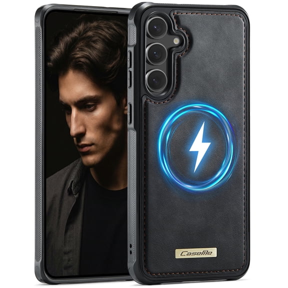 Magnetic For Samsung Galaxy S24 FE Phone Case,Compatible with Wireless Charging,Anti-Scratch Retro PU Leather Back Design,Ultra Slim Shockproof Hybrid Protection,Durable Thin Phone Case,Black