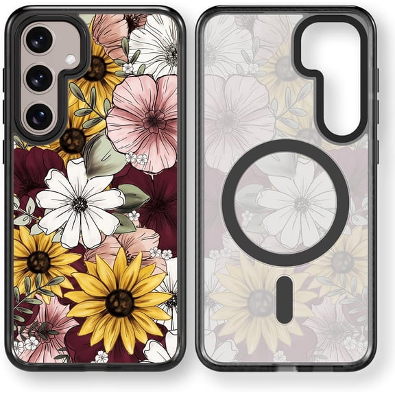 Magnetic for Samsung Galaxy S24 Magsafe Case Cute Aesthetic - Durable Shockproof 6.6 ft Drop Impact Phone Case Cover with Funny Fashion Sunflower Design 6.2" Black