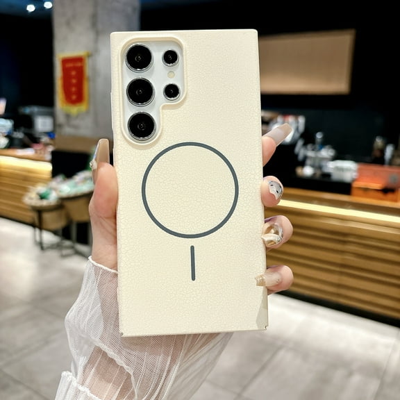 Magnetic For Samsung Galaxy S24 Phone Case,Compatible with Mag-Safe,Lightweight Ultra Slim Shockproof Protective,Anti-Scratch Lychee Pattern PU Leather Back Rugged Thin Fit Phone Case,Beige