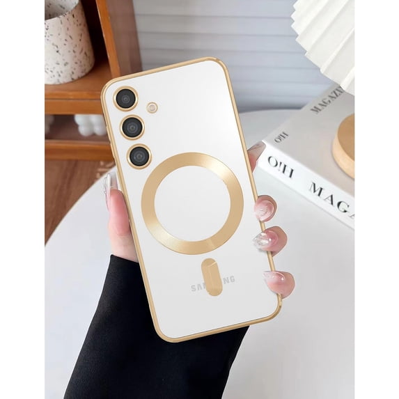 Magnetic for Samsung Galaxy S24 Plus Case,Electroplated Clear Slim Samsung S24 Plus Phone Case with Camera Protection,Shockproof Samsung S24 Plus Case Compatible with MagSafe,Gold Edge