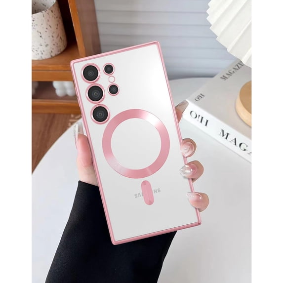 Magnetic for Samsung Galaxy S24 Ultra Case,Electroplated Clear Slim Samsung S24 Ultra Phone Case with Camera Protection,Shockproof Samsung S24 Ultra Case Compatible with MagSafe,Pink Edge