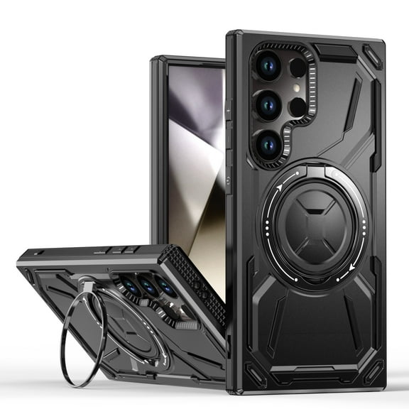 Magnetic for Samsung Galaxy S24 Ultra Case with Stand, Compatible with Mag-Safe Charging, Shockproof Protective Cover Rugged Phone Case, Built-in Rotatable Ring Holder Kickstand, Black