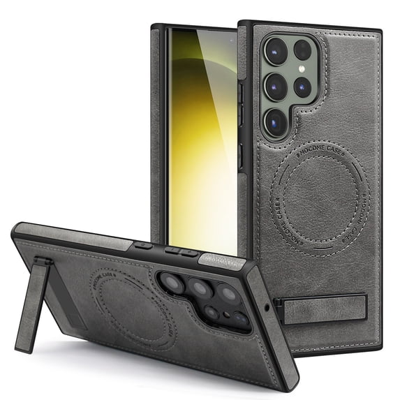 Magnetic for Samsung Galaxy S24 Ultra PU Leather Case, Compatible with Magsafe, Built-in Invisible Stand, Premium Ultra Slim Adjustable Kickstand Protective Phone Case for Galaxy S24 Ultra,Gray