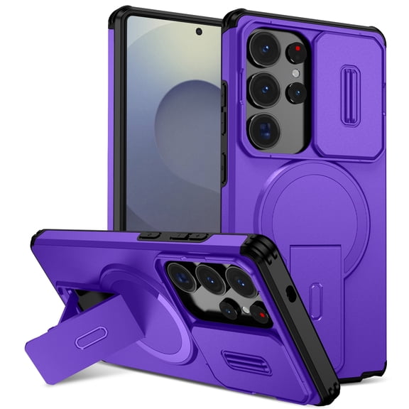Magnetic For Samsung Galaxy S24 Ultra Phone Case,With Contractile Kickstand,Camera Cover,Compatible with Mag-Safe,Heavy Duty Shockproof Protection Anti-fall Anti-Scratch Rugged Phone Case,Purple
