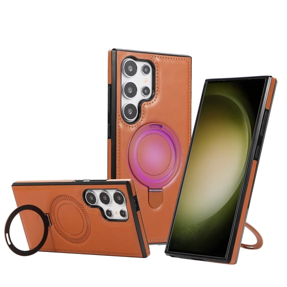 Magnetic for Samsung Galaxy S24 Ultra Vintage PU Leather Case, Business Invisible Stand [Compatible with Magsafe] Wireless Charging Ultra Slim Kickstand Phone Case Cover for S24 Ultra, Brown