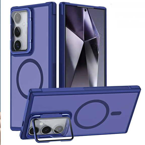 Magnetic for Samsung Galaxy S25 Case with Camera Cover Stand [Compatible with MagSafe] [Military-Grade Protection] Translucent Matte Slim Shockproof Phone Case Wireless Charging,Blue
