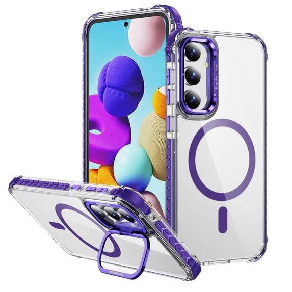 Magnetic for Samsung Galaxy S25 Case, Compatible with MagSafe, with Camera Lens Stand, Matte Skin Feeling Case, Military-Grade Drop Proof Transparent Slim Shockproof Phone Case Cover, Purple