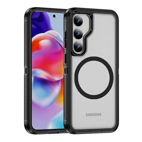 Magnetic for Samsung Galaxy S25 Case,Compatible with MagSafe,Military Grade Dropproof Translucent Matte Hard Back Soft Edge Anti-Fingerprint Protective Case for Samsung Galaxy S25,Black+Clear