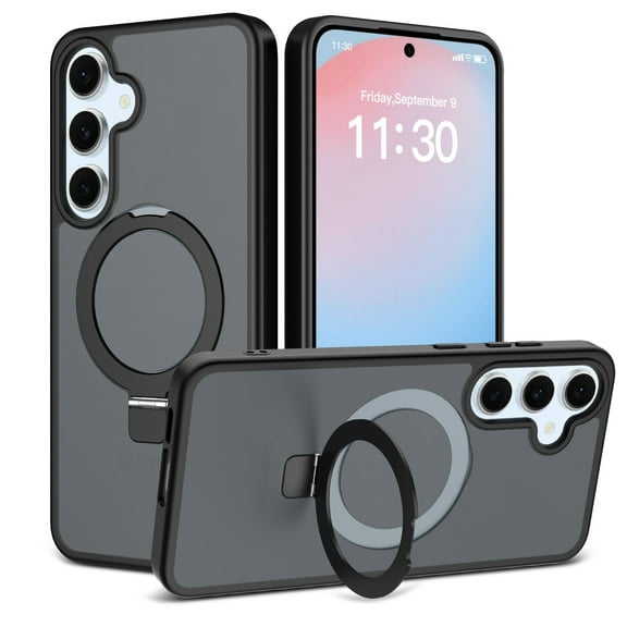 Magnetic for Samsung Galaxy S25 FE Case, Shock-Absorbent Anti-Fingerprint Matte Protective Back Cover with Ring Kickstand, Anti-Scratch PC+TPU Non-Slip Slim Wireless Charging Case, Black