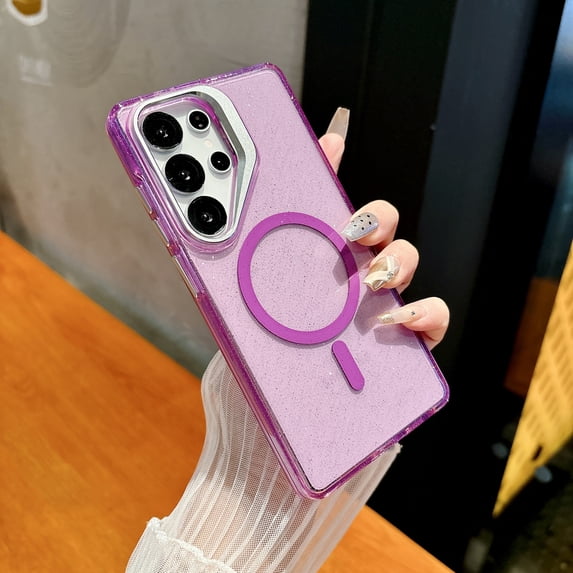Magnetic For Samsung Galaxy S25 Phone Case,Built-in Contractile Lens Ring Kickstand,Compatible with Mag-Safe,Glitter Transparent Back,Shockproof Ultra Slim Rugged Durable Phone Case,Purple